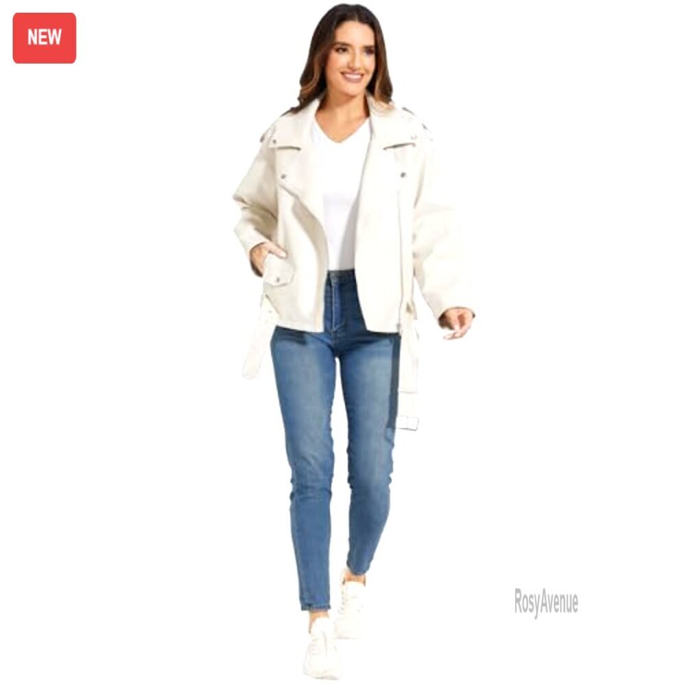 Faux Leather Motorcycle Jacket, Stretch PU Moto Coat, Utility Pockets, All - Picture 4 of 6